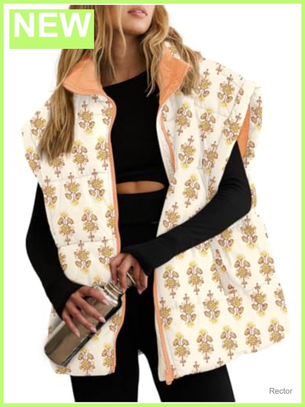 Womens Oversized Puffer Vest Floral Quilted Zip Up Gilet